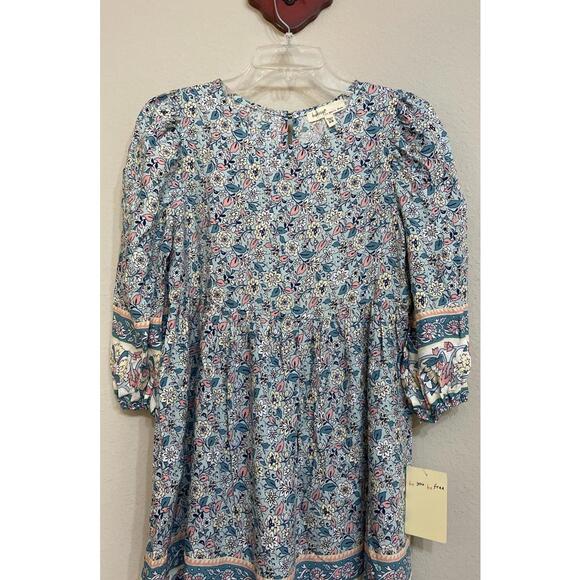 Bebop Womens XS Blue Floral Short 3/4-Sleeved Flowy Pleated Dress NWT! A1830 - Picture 3 of 8